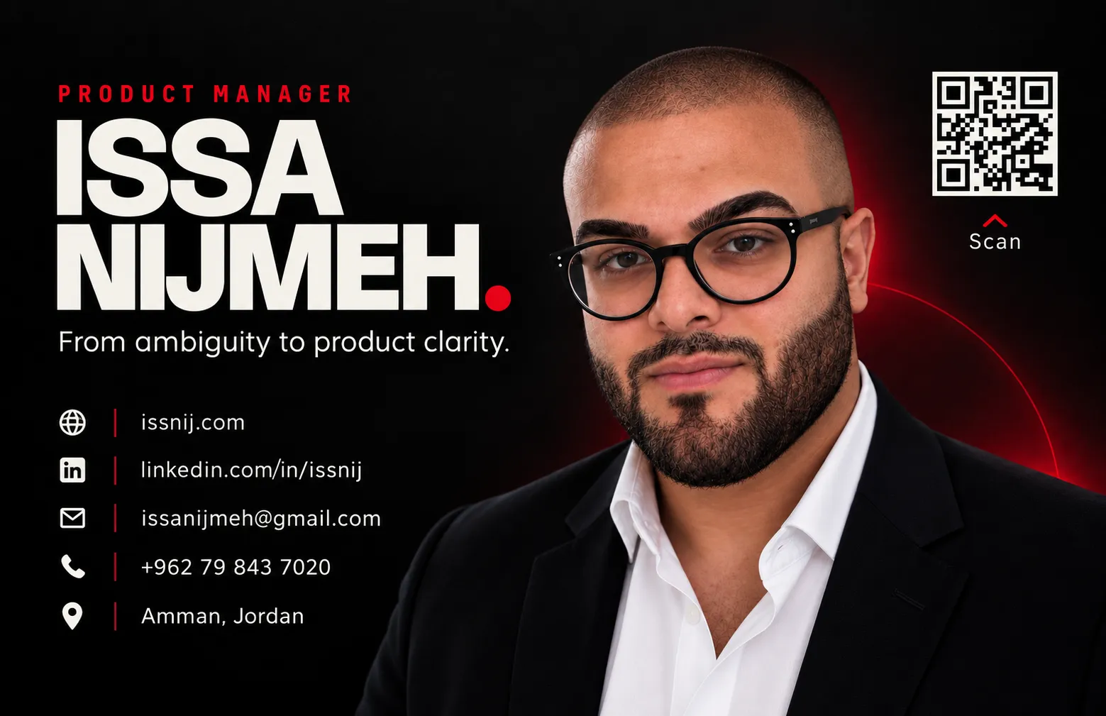 Issa Nijmeh, Product Manager. From ambiguity to product clarity. issnij.com, linkedin.com/in/issnij, issanijmeh@gmail.com, +962 79 843 7020, Amman, Jordan.